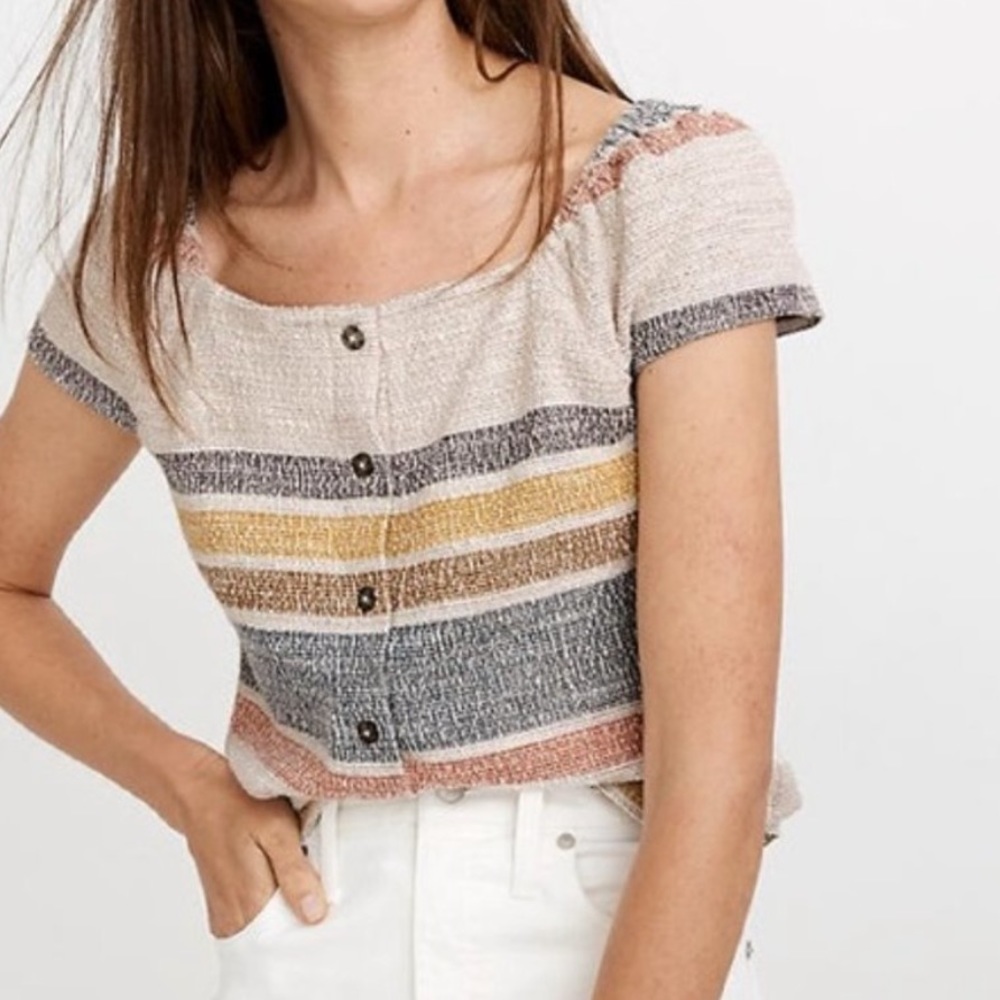 Madewell Texture & Thread Striped Off White Button Down Cap Sleeve Top Size S